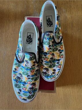 Vans Slip-On Hawaiian Print Sneakers - White, Yellow, Green, Blue, Black